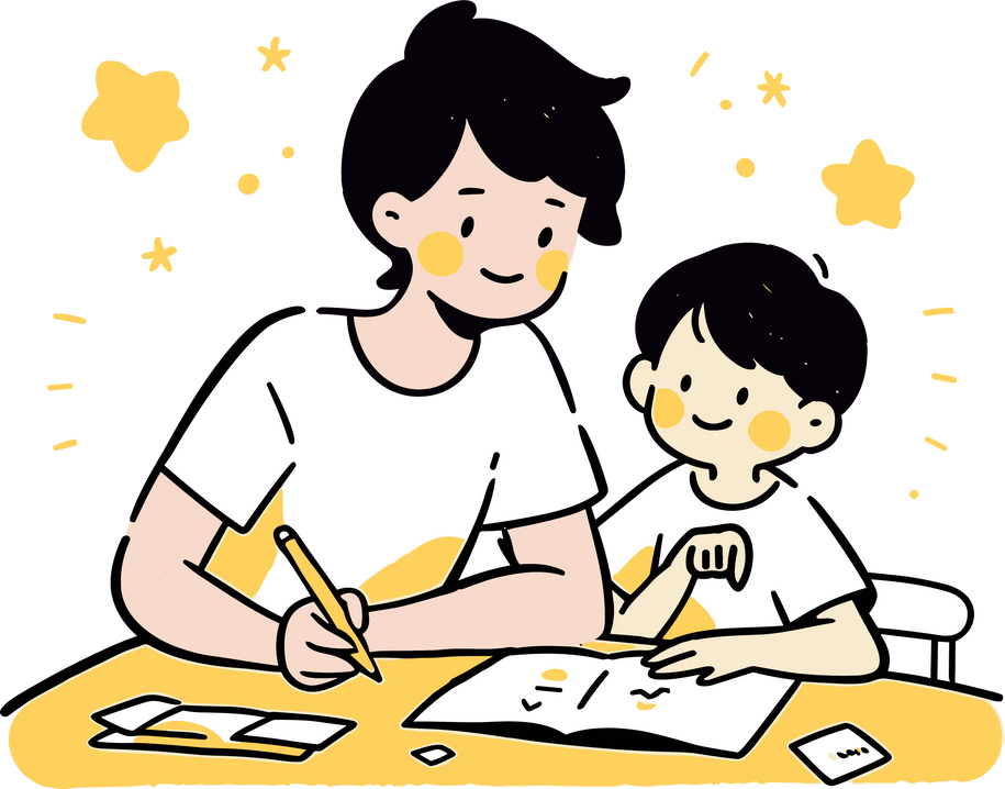 father teaching homework to son